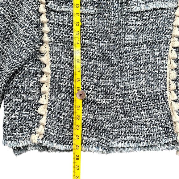 Zara Basic Boucle Blue White Tassel Patch Pockets Button Up Tweed Jacket Size M - Picture 7 of 8